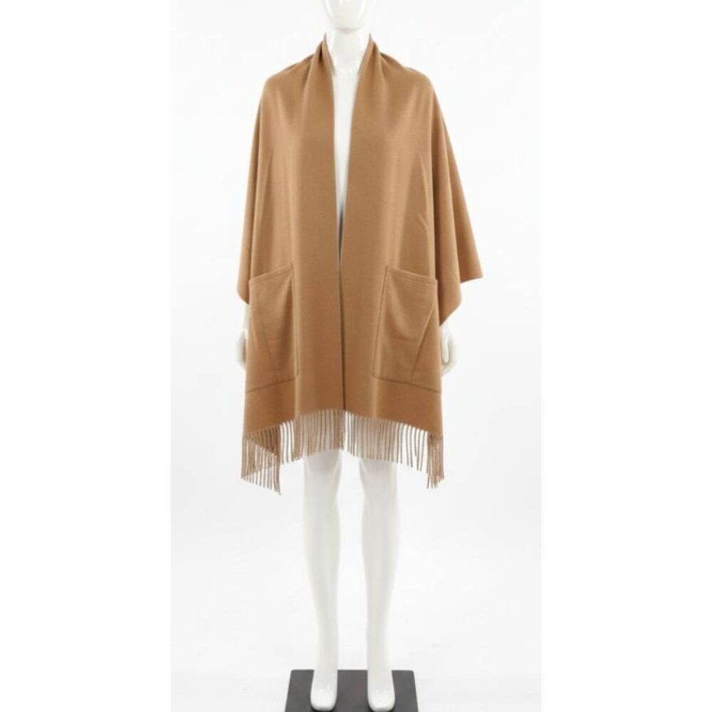 Massimo dutti women poncho scarf wrap wool long camel tan pockets boujee glamor